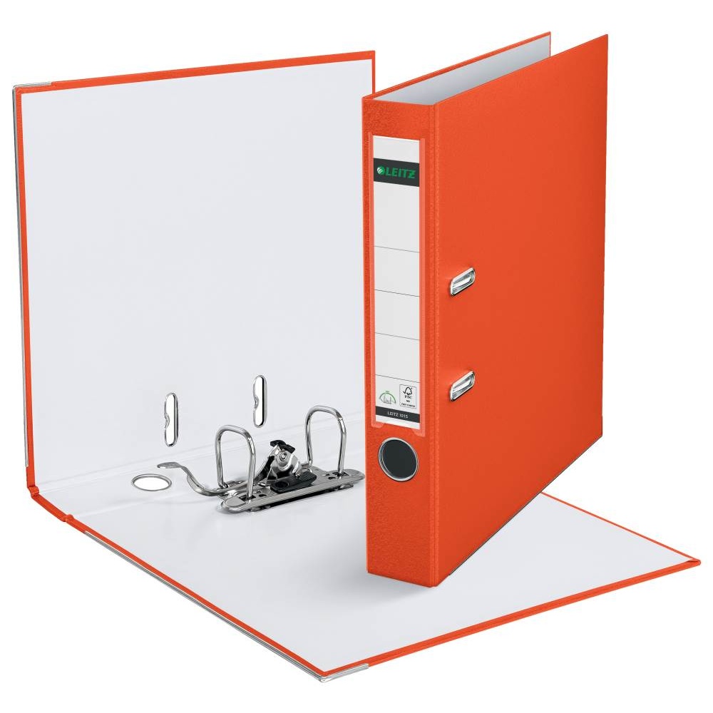 Schmaler orangener Leitz-Ordner mit Hebelmechanik, Griffloch und Beschriftungsfeld, teilweise geöffnet und stehend.
