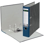 Breiter blauer Leitz-Ordner aus Karton mit Hebelmechanik, Griffloch und Beschriftungsfeld, teilweise geöffnet und stehend.