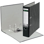 Breiter schwarze Leitz-Ordner aus Karton mit Hebelmechanik, Griffloch und Beschriftungsfeld, teilweise geöffnet und stehend.