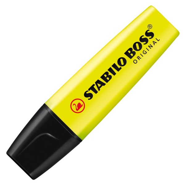 STABILO BOSS ORIGINAL Textmarker in der Farbe gelb, Schrägansicht mit geschlossener Kappe.