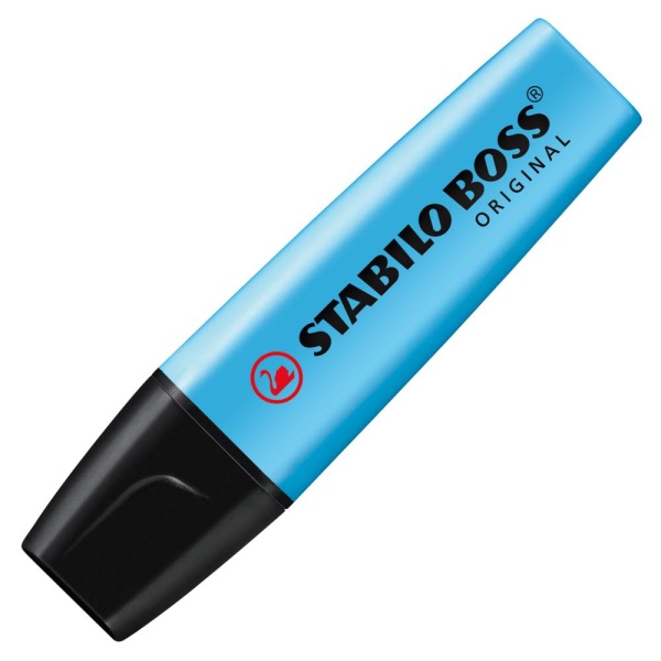 STABILO BOSS ORIGINAL Textmarker in der Farbe blau, Schrägansicht mit geschlossener Kappe.