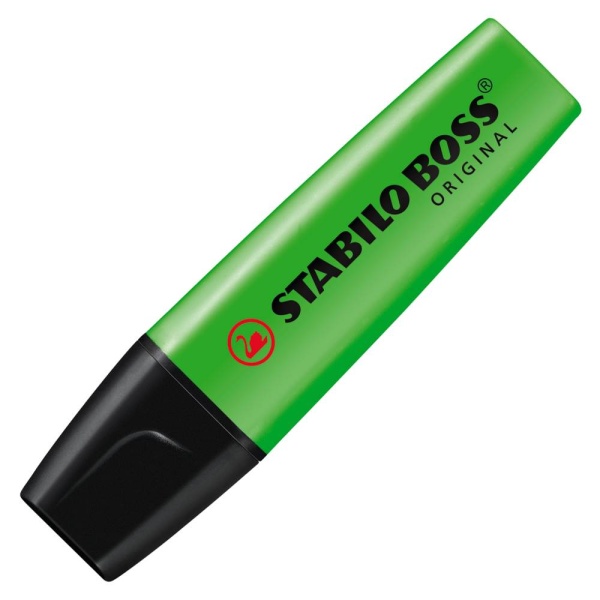 STABILO BOSS ORIGINAL Textmarker in der Farbe grün, Schrägansicht mit geschlossener Kappe.