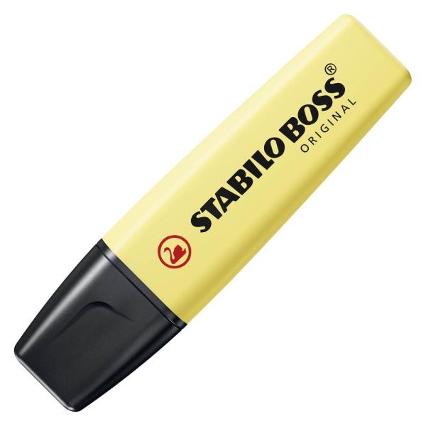 STABILO BOSS ORIGINAL Textmarker in der Farbe pudriges Gelb, Schrägansicht mit geschlossener Kappe.