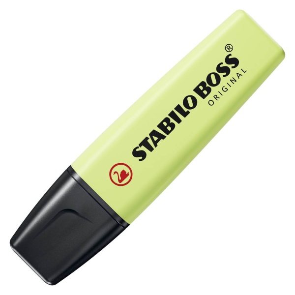 STABILO BOSS ORIGINAL Textmarker in der Farbe Prise von Limette, Schrägansicht mit geschlossener Kappe.