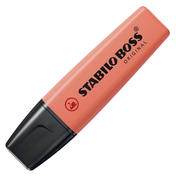 STABILO BOSS ORIGINAL Textmarker in der Farbe Korallrot, Schrägansicht mit geschlossener Kappe.