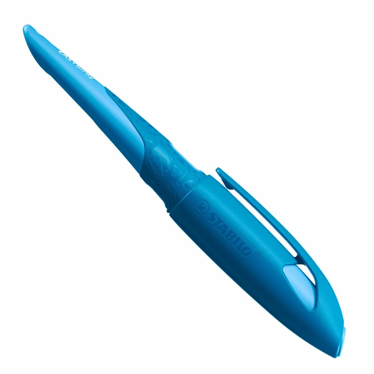 STABILO EASYbirdy Schulfüller 3D Edition Wildlife für Linkshänder in der Farbe blau, Schrägansicht mit geschlossener Kappe.