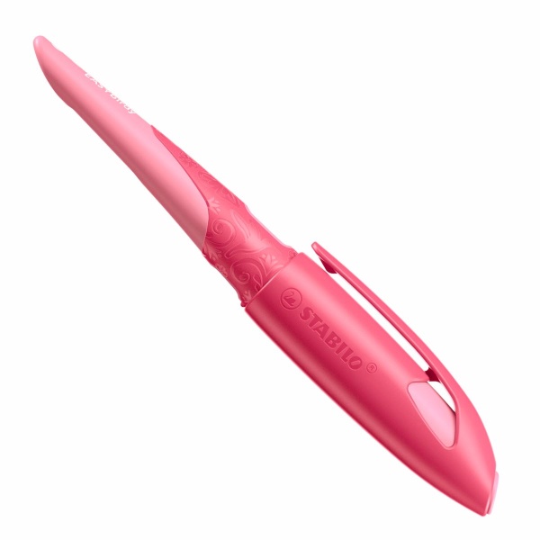 STABILO EASYbirdy Schulfüller 3D Edition Wildlife für Linkshänder in der Farbe rosa, Schrägansicht mit geschlossener Kappe.