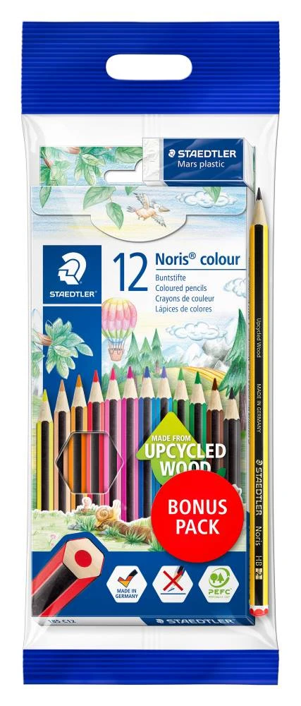 STAEDTLER Noris Colour Holzfarbstift in 12 verschiedenen Farben mit Bleistift in Verpackung, Frontalansicht.