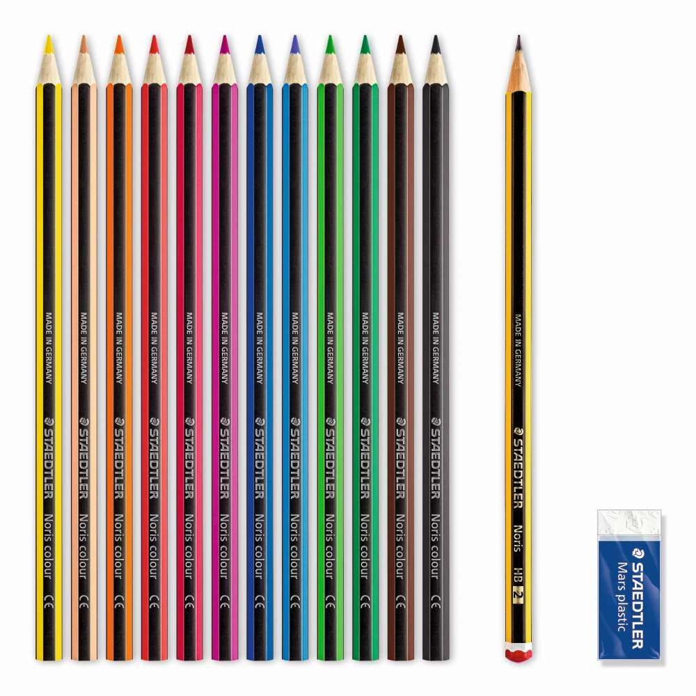 STAEDTLER Noris Colour Holzfarbstift in 12 verschiedenen Farben mit Bleistift und Radiergummi, Frontalansicht.