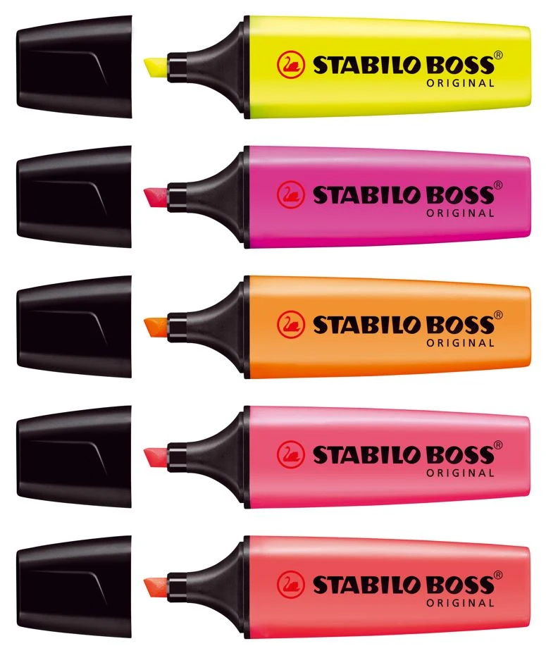 STABILO BOSS ORIGINAL in 5 verschiedenen Farben, Seitenansicht mit geöffneter Kappe.