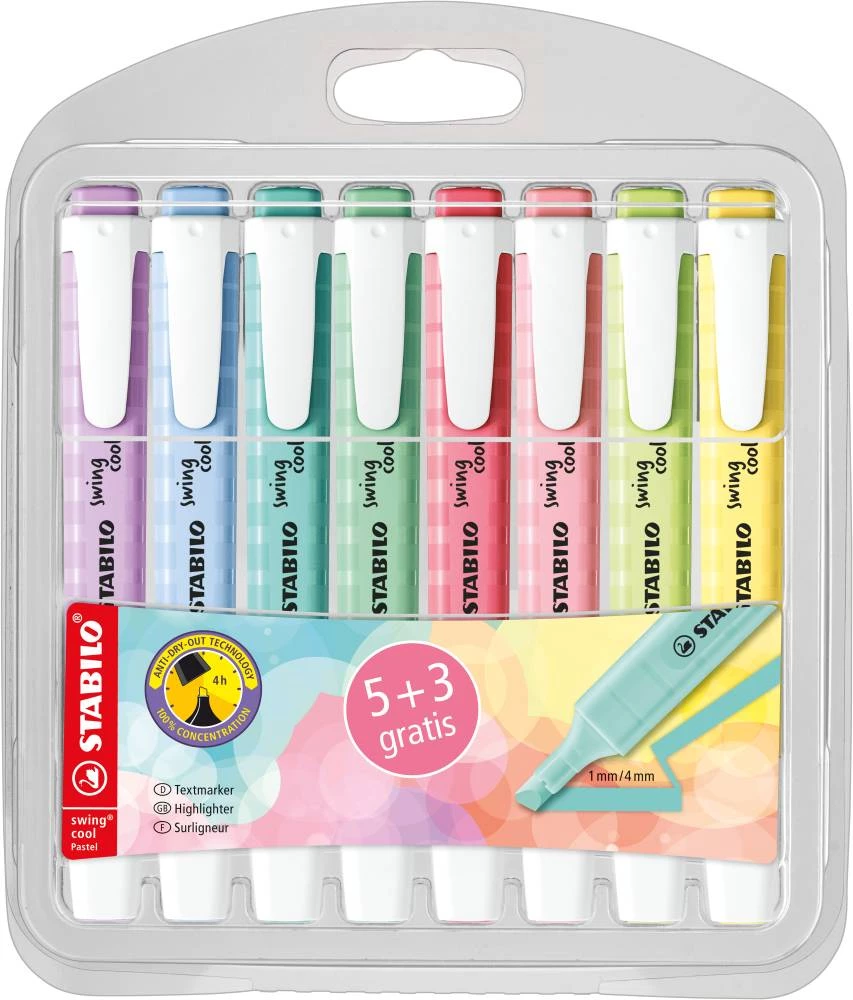 STABILO swing cool Textmarkerset mit 8 verschiedenen Farben in Verpackung, Frontalansicht.