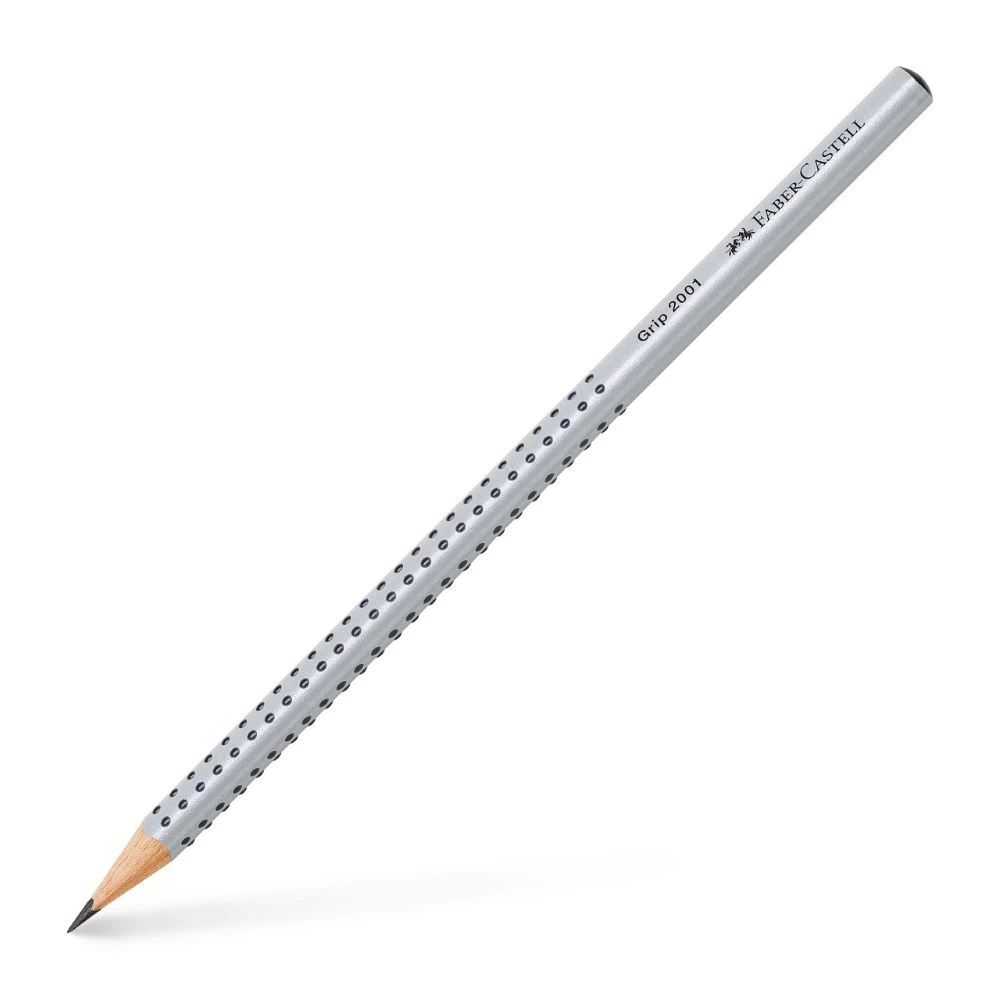 FABER-CASTELL Grip 2001 Bleistift in der Farbe silber und Stärke B, Schrägansicht.
