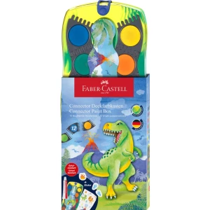 Faber-Castell Deckfarbkasten Connector Dino in der Farbe gelb/grün mit 12 verschiedenen Farben in Verpackung, Frontalansicht.