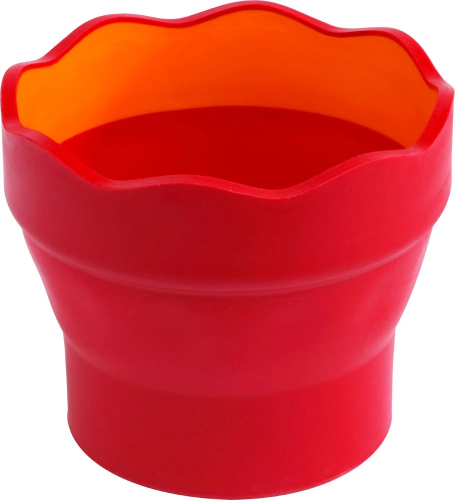 Faber-Castell Malbecher Click&Go in der Farbe rot, aufgeklappt, Frontalansicht.