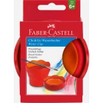 Faber-Castell Malbecher Click&Go in der Farbe rot, zusammengeklappt in Verpackung, Frontalansicht.
