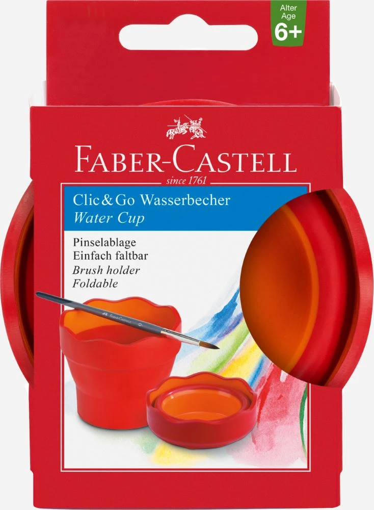 Faber-Castell Malbecher Click&Go in der Farbe rot, zusammengeklappt in Verpackung, Frontalansicht.