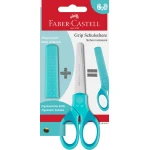 Faber-Castell Kinderschere Grip rund für Links- und Rechtshänder in der Farbe türkis in Verpackung, Frontalansicht.