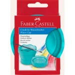 Faber-Castell Malbecher Click&Go in der Farbe türkis, zusammengeklappt in Verpackung, Frontalansicht.