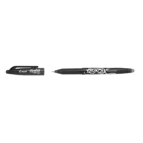PILOT Tintenroller FriXion Ball 0.7 inder Farbe schwarz, Seitenansicht mit geöffneter Kappe.