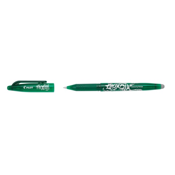 PILOT Tintenroller FriXion Ball 0.7 inder Farbe grün, Seitenansicht mit geöffneter Kappe.