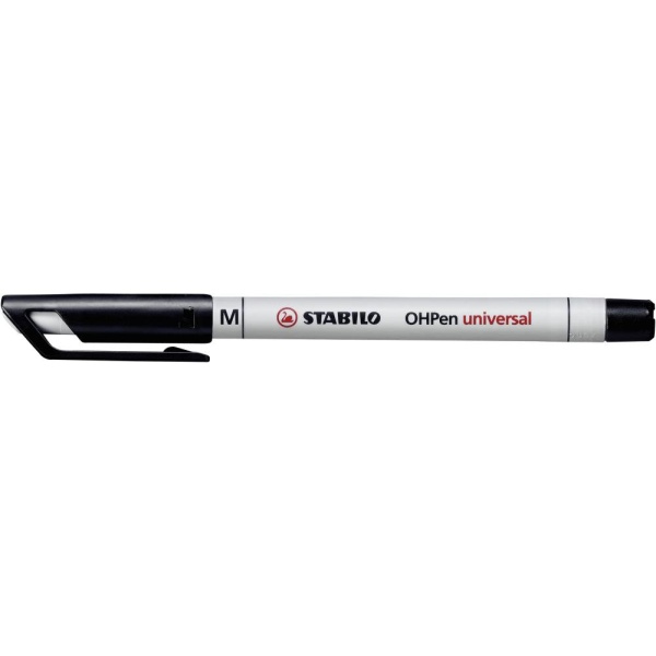 STABILO OHPen Folienstift wasserlöslich in der Stärke M und Farbe Schwarz, Seitenansicht mit geschlossener Kappe.