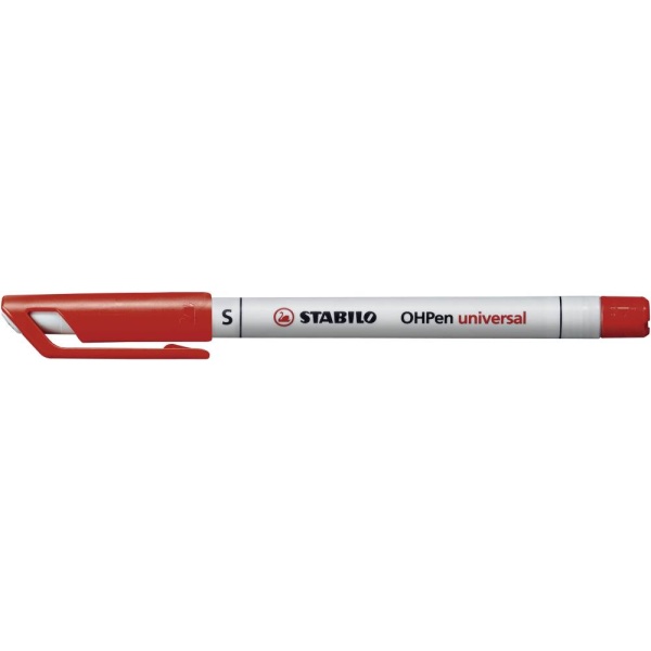 STABILO OHPen Folienstift wasserlöslich in der Stärke S und Farbe Rot, Seitenansicht mit geschlossener Kappe.