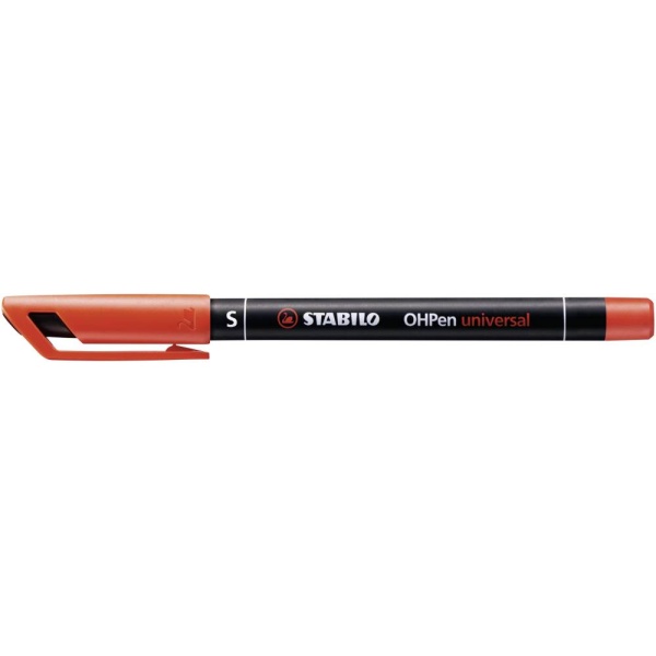 STABILO OHPen Folienstift permanent in der Stärke s und Farbe rot, Seitenansicht mit geschlossener Kappe.