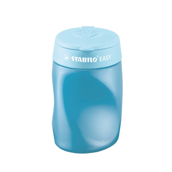 STABILO EASYsharpener ergonomischer Dosenspitzer für Linkshänder in der Farbe blau, Frontalansicht mit geschlossenem Deckel.