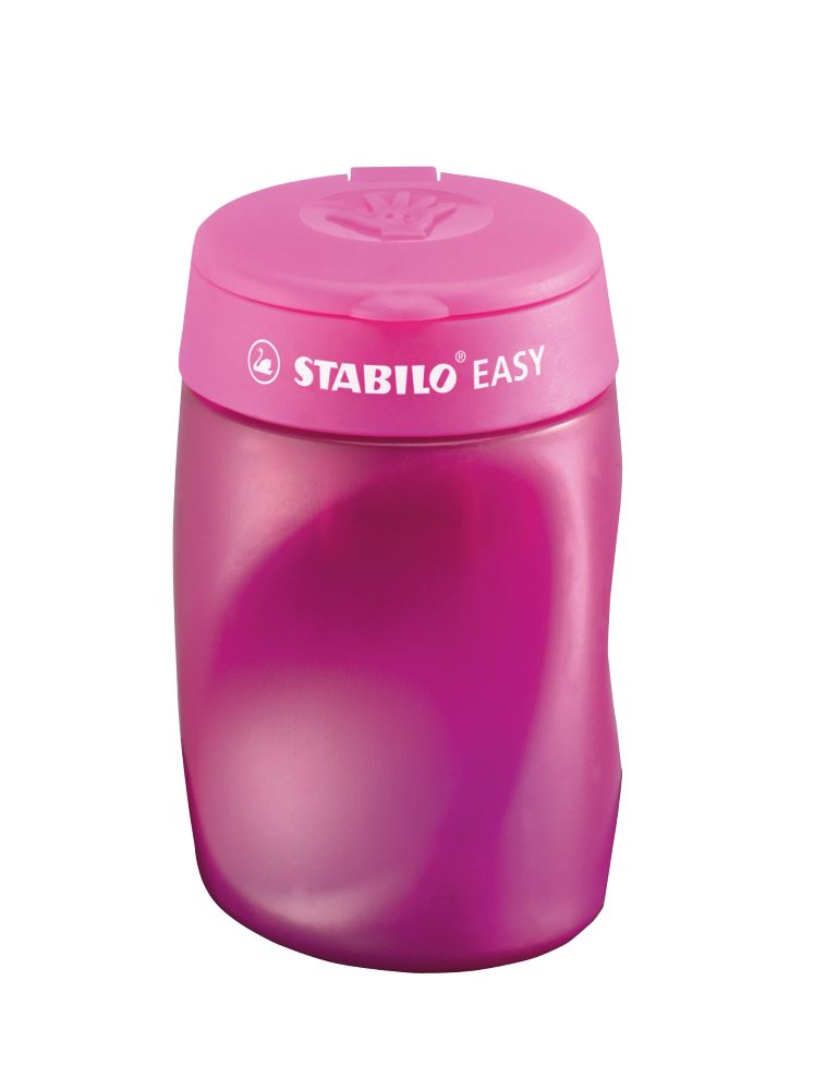 STABILO EASYsharpener ergonomischer Dosenspitzer für Rechtshänder in der Farbe pink, Frontalansicht mit geschlossenem Deckel.