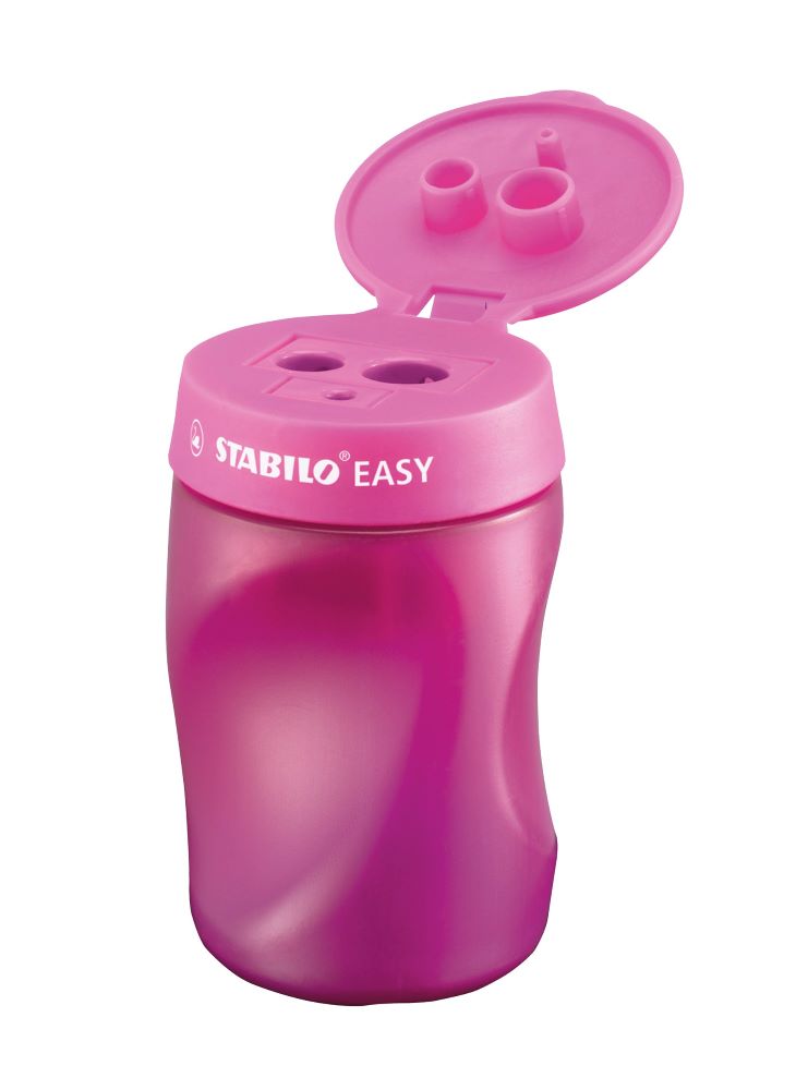 STABILO EASYsharpener ergonomischer Dosenspitzer für Rechtshänder in der Farbe pink, Seitenansicht mit geöffnetem Deckel.