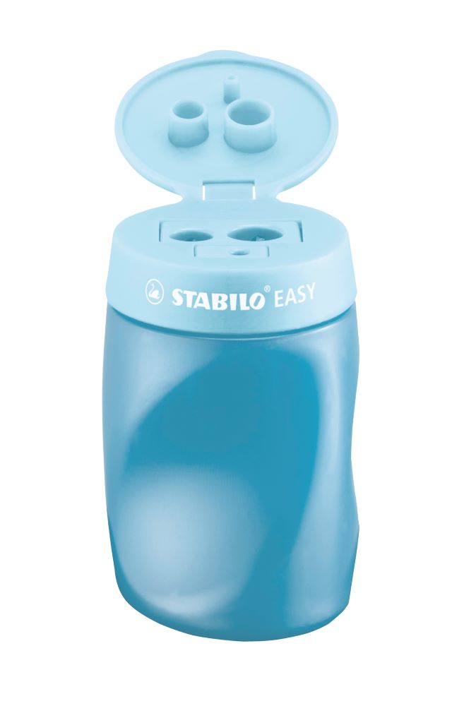 STABILO EASYsharpener ergonomischer Dosenspitzer für Rechtshänder in der Farbe blau, Frontalansicht mit geöffnetem Deckel.