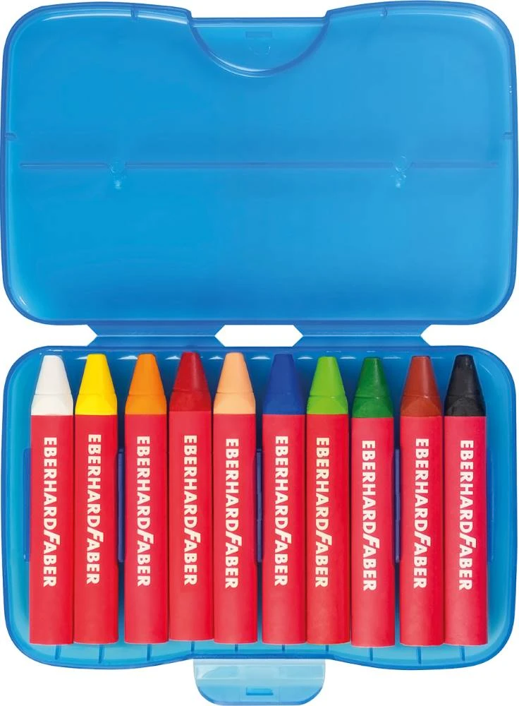 Eberhard Faber Wachsmalkreide Colori wasserfest in 10 verschiedenen Farben in geöffneter Box, Frontalansicht.