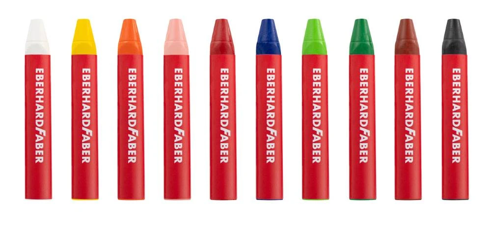 Eberhard Faber Wachsmalkreide Colori wasserfest in 10 verschiedenen Farben, Frontalansicht.