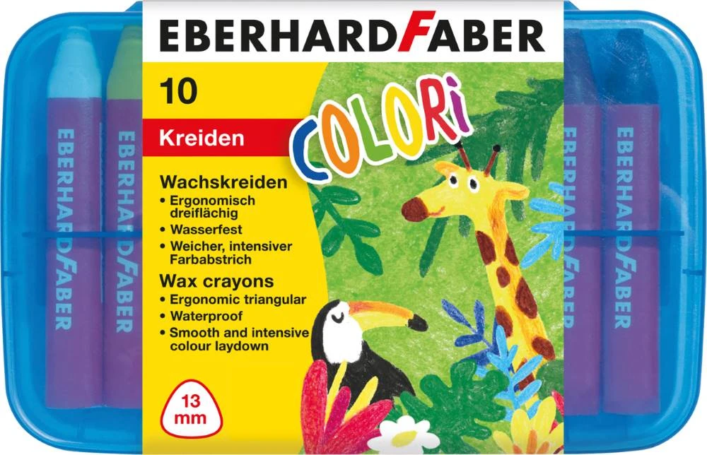 Eberhard Faber Wachsmalkreide Colori wasserfest in 10 verschiedenen Farben in geschlossener Box, Frontalansicht.