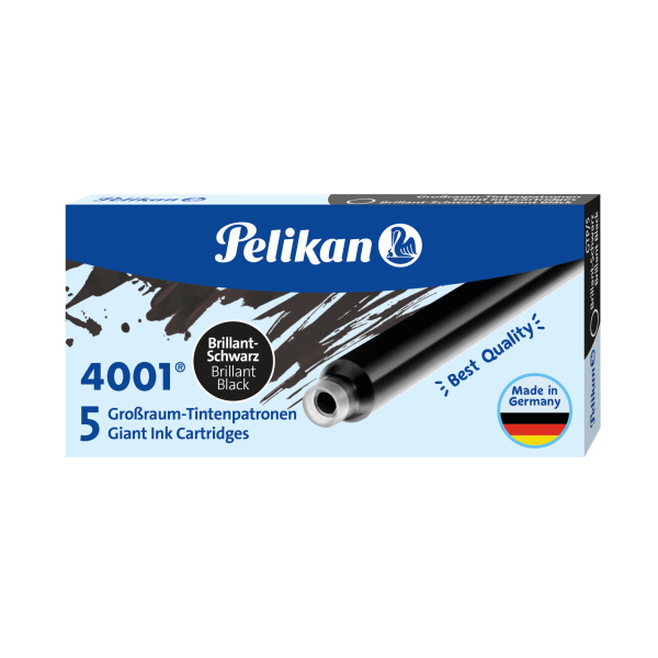 Pelikan Tintenpatronen 4001 lang in der Farbe schwarz in Verpackung, Frontalansicht.