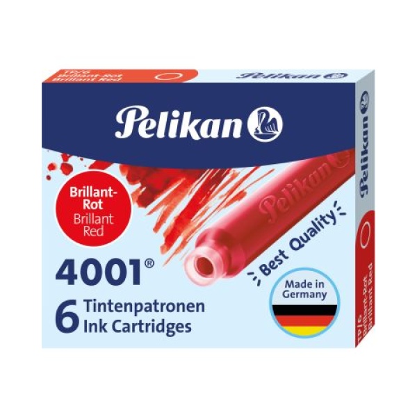 Pelikan Tintenpatronen 4001 kurz in der Farbe Rot in Verpackung, Frontalansicht.