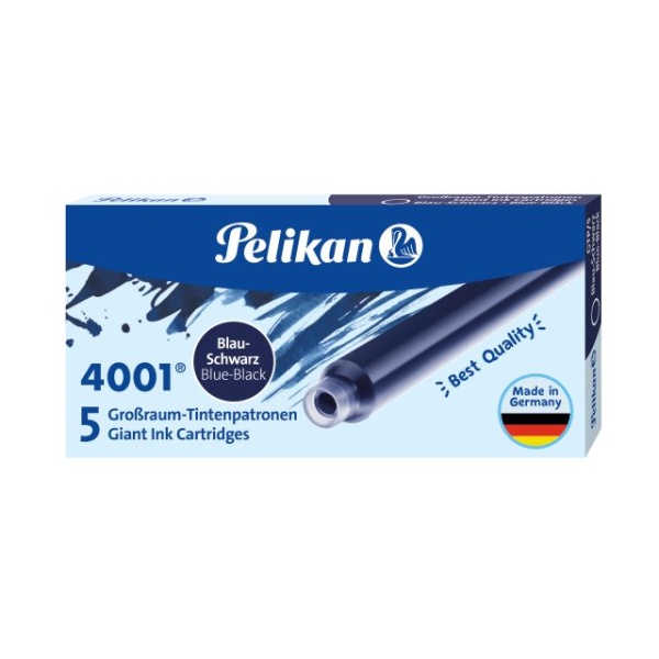 Pelikan Tintenpatronen 4001 lang in der Farbe blauschwarz in Verpackung, Frontalansicht.