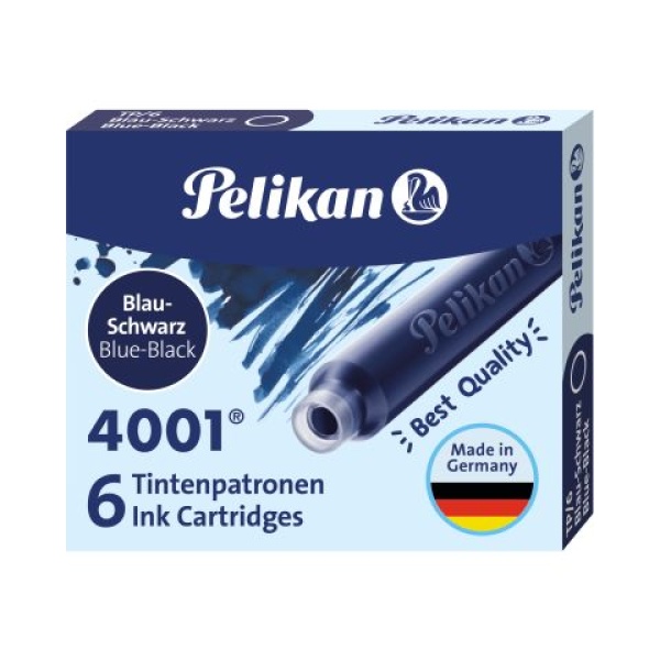 Pelikan Tintenpatronen 4001 kurz in der Farbe Blauschwarz in Verpackung, Frontalansicht.