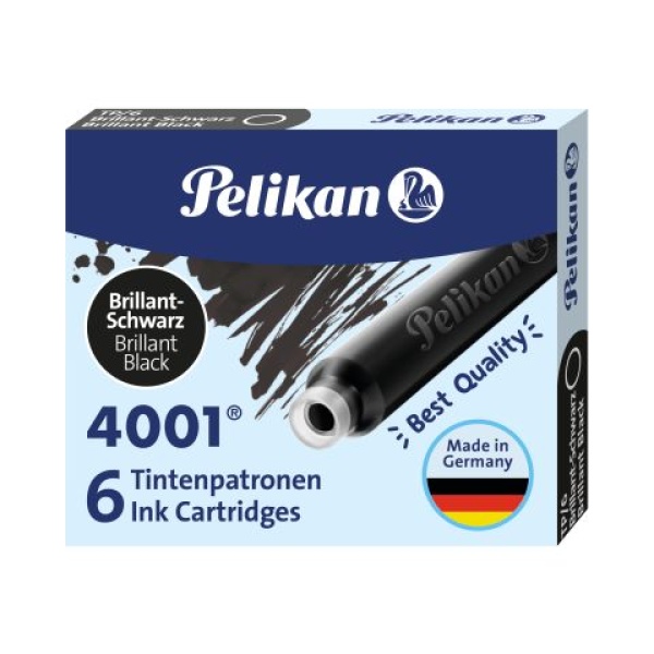 Pelikan Tintenpatronen 4001 kurz in der Farbe Schwarz in Verpackung, Frontalansicht.