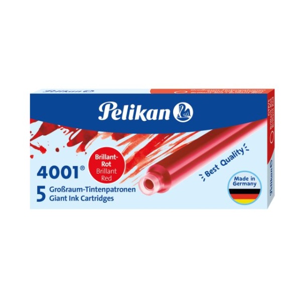 Pelikan Tintenpatronen 4001 lang in der Farbe rot in Verpackung, Frontalansicht.