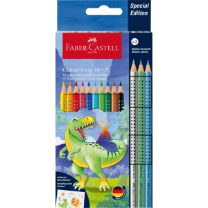 FABER-CASTELL Holzfarbstiftetui Colour Grip in 13 verschiedenen Farben in Verpackung mit Dino, Frontalansicht.
