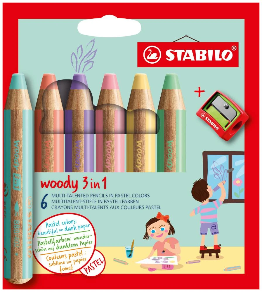 STABILO woody 3 in 1 Multitalent-Stifte in 6 verschiedenen Pastellfarben mit Spitzer in Verpackung, Frontalansicht.