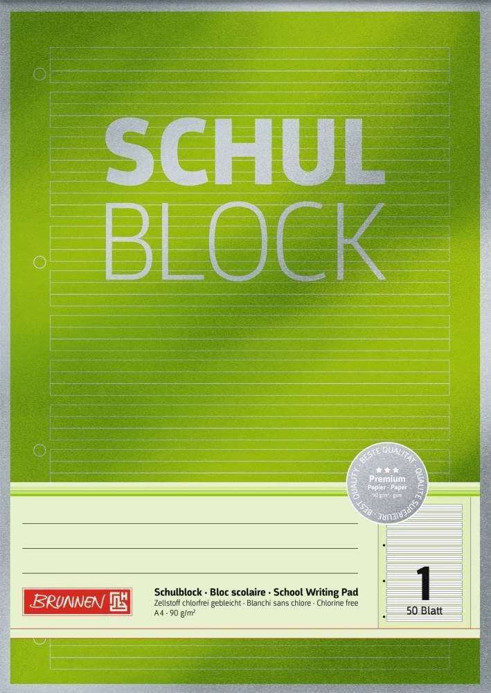 Schulblock Lineatur 1 | A4 | gelocht | 50 Blatt | Premiumpapier | farbig hinterlegt für die 1. Klasse | BRUNNEN