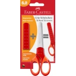 Faber-Castell Kinderschere Grip Rund für Links- und Rechtshänder in der Farbe rot in Verpackung, Frontalansicht.