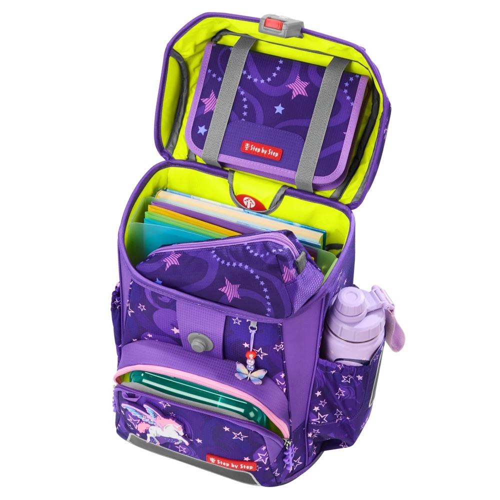 Step by Step Schulranzen Cloud Pegasus Liv, Oberansicht geöffnet, lila, Fächeraufteilung sichtbar.