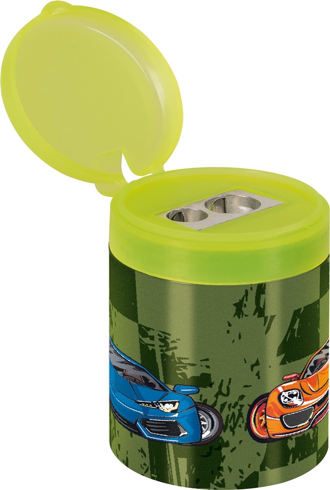 Brunnen Doppelspitzdose Fast Wheels in der Farbe hellgrün/dunkelgrün, Seitenansicht geöffneter Deckel.
