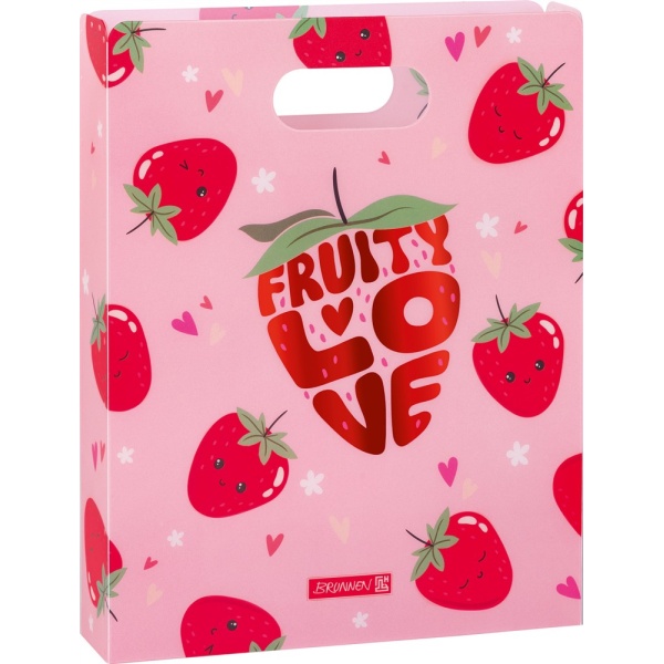 Rosa Heftbox "Fruity Love" mit Griff, Motiv aus lächelnden Erdbeeren und Herzchen, Marke BRUNNEN.