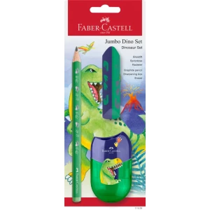 Faber-Castell Schreiblernset Dino mit Bleistift Jumbo, Radiergummi und Doppelspitzdose in Verpackung, Frontalansicht.