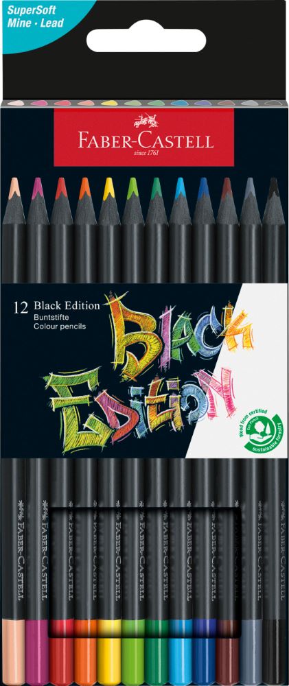 FABER-CASTELL Holzfarbstiftset Black Edition mit 12 verschiedenen Farben in Verpackung, Frontalansicht.