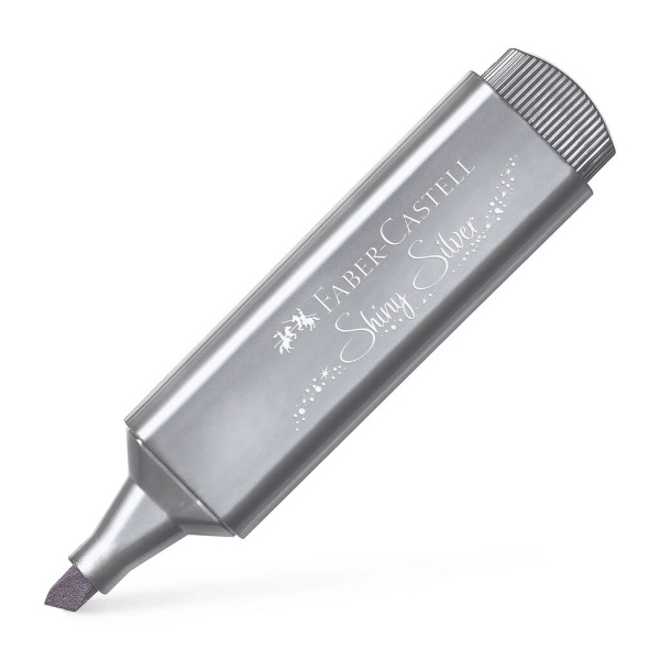 FABER-CASTELL Textmarker Metallic in der Farbe Shiny Silver, Schrägansicht ohne Kappe.